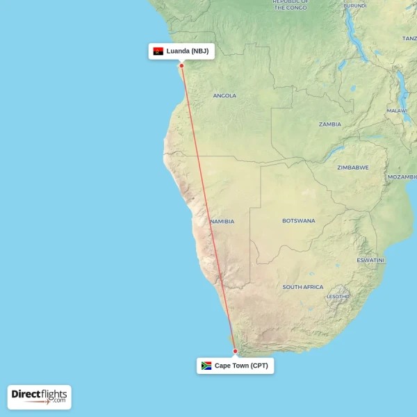 Luanda - Cape Town direct flight map