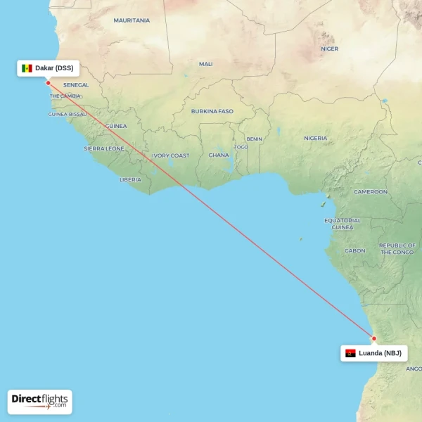 Luanda - Dakar direct flight map