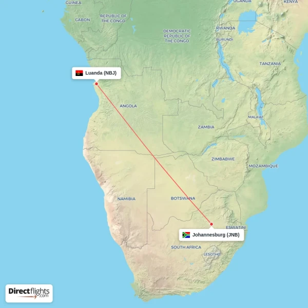 Luanda - Johannesburg direct flight map