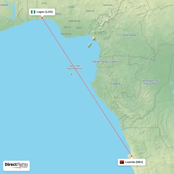 Luanda - Lagos direct flight map