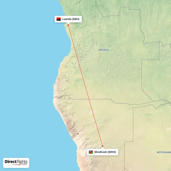 Luanda - Windhoek direct flight map