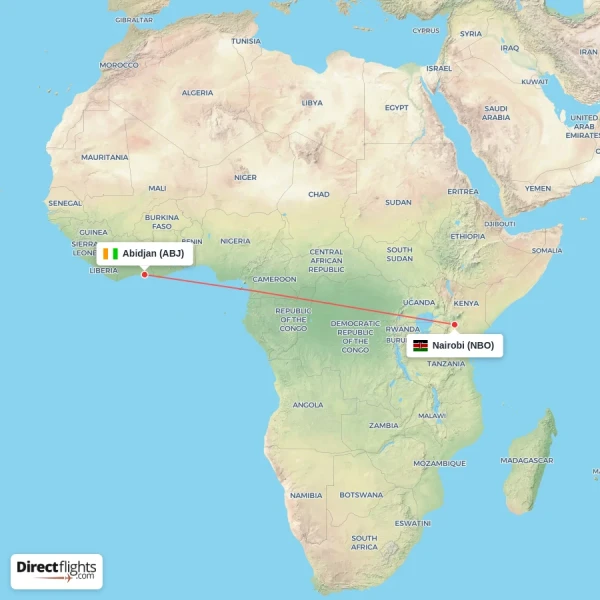 Nairobi - Abidjan direct flight map