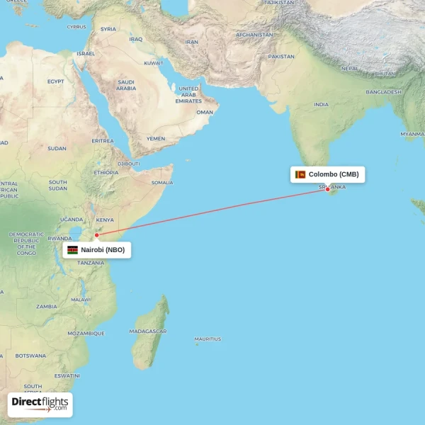 Nairobi - Colombo direct flight map