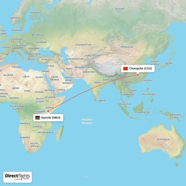 Nairobi - Changsha direct flight map