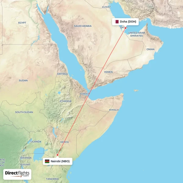 Nairobi - Doha direct flight map