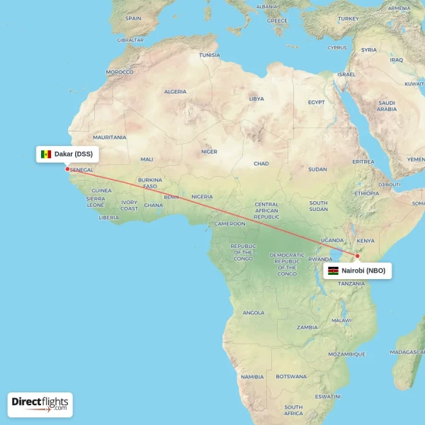 Nairobi - Dakar direct flight map