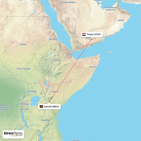 Nairobi - Seiyun direct flight map