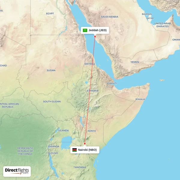 Nairobi - Jeddah direct flight map