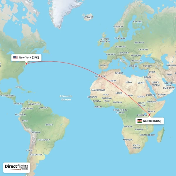 Nairobi - New York direct flight map