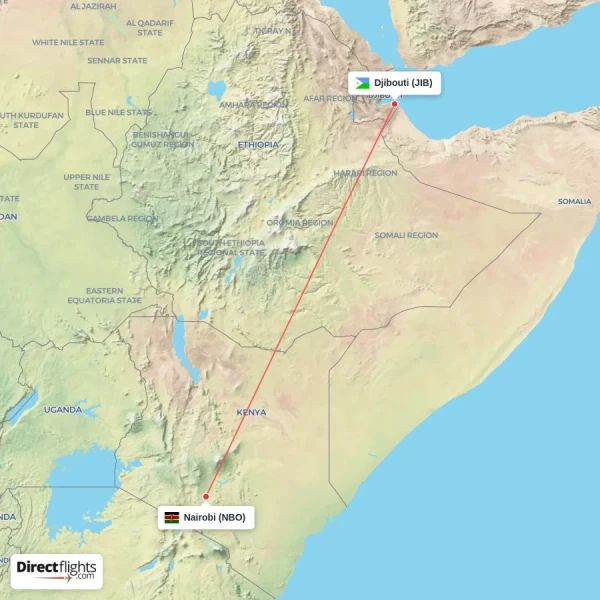 Nairobi - Djibouti direct flight map