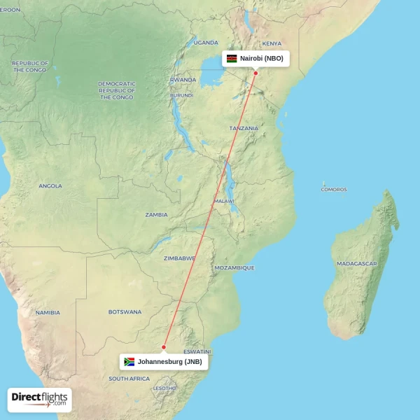 Nairobi - Johannesburg direct flight map
