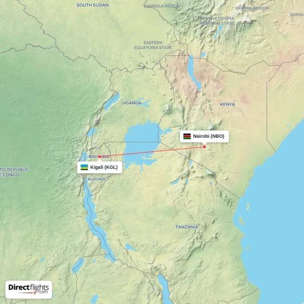Nairobi - Kigali direct flight map