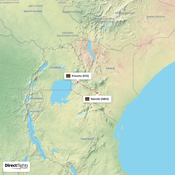 Nairobi - Kisumu direct flight map