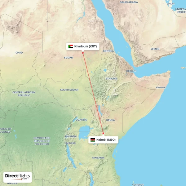 Nairobi - Khartoum direct flight map