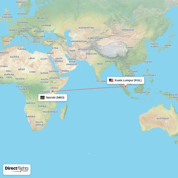 Nairobi - Kuala Lumpur direct flight map
