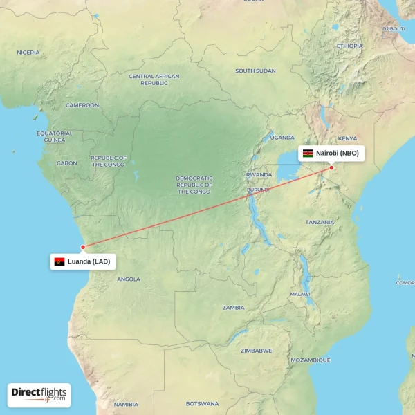 Nairobi - Luanda direct flight map