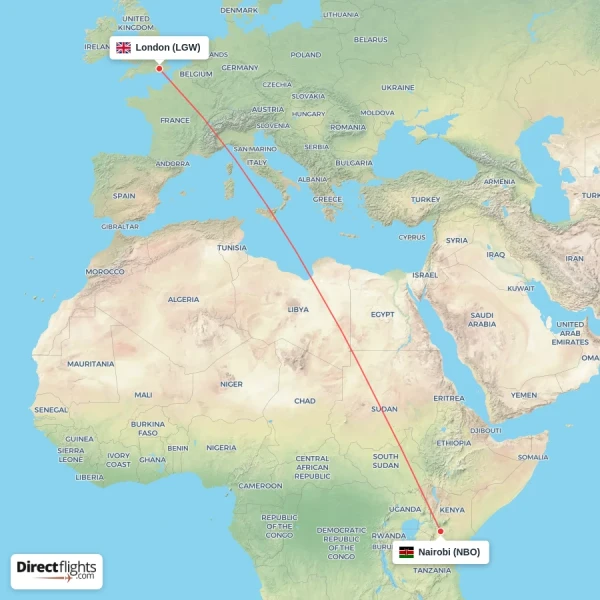 Nairobi - London direct flight map