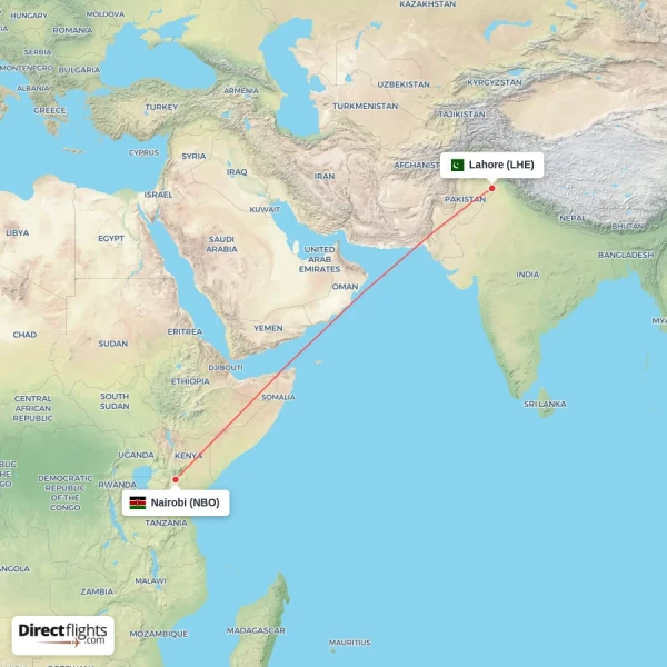 Nairobi - Lahore direct flight map
