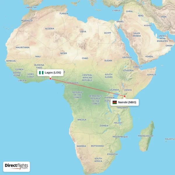 Nairobi - Lagos direct flight map