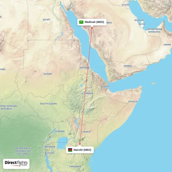 Nairobi - Madinah direct flight map