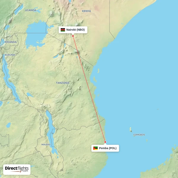 Nairobi - Pemba direct flight map