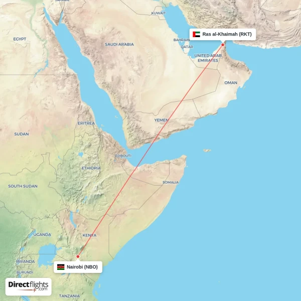 Nairobi - Ras al-Khaimah direct flight map