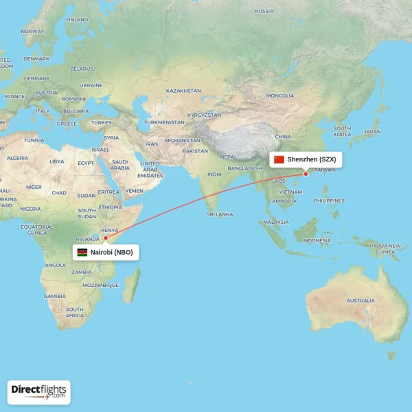 Nairobi - Shenzhen direct flight map