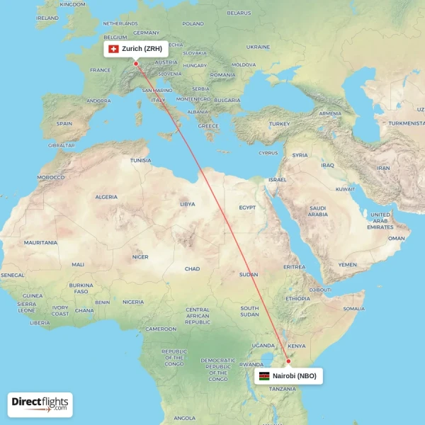 Nairobi - Zurich direct flight map