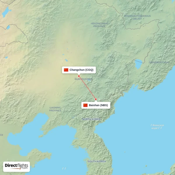 Baishan - Changchun direct flight map