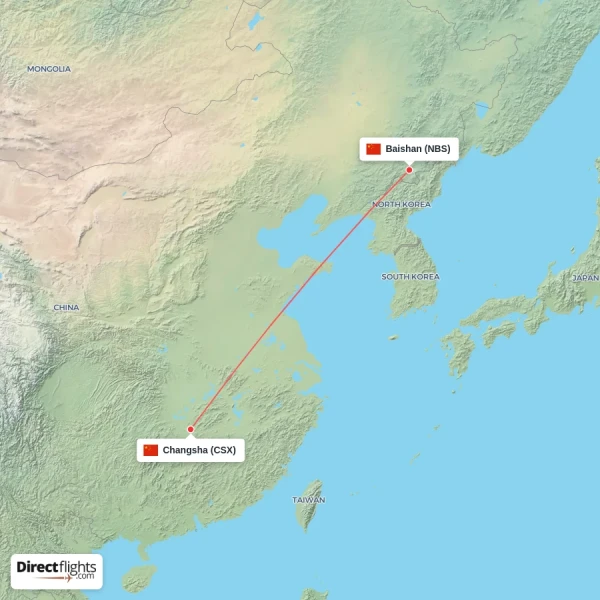 Baishan - Changsha direct flight map