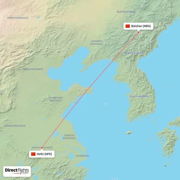 Baishan - Hefei direct flight map