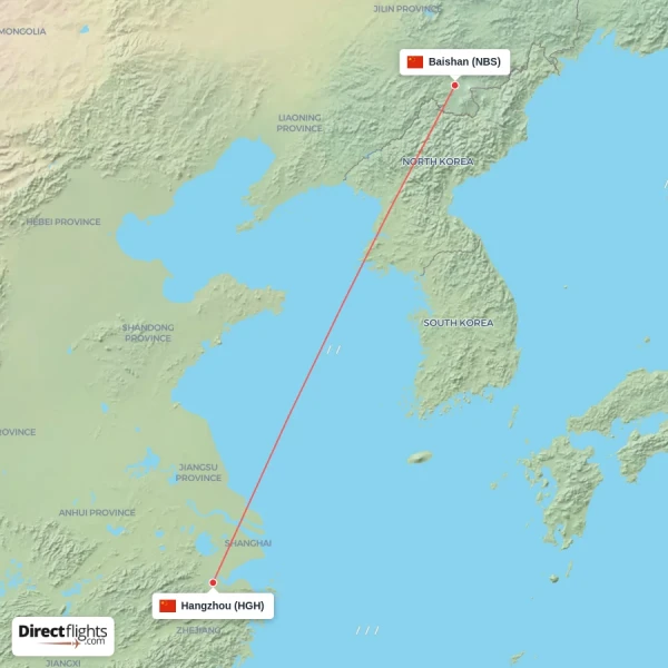 Baishan - Hangzhou direct flight map