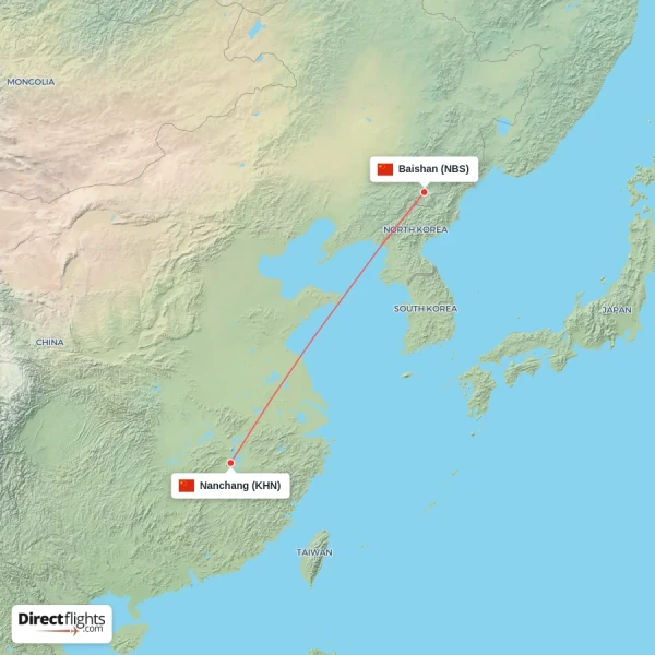 Baishan - Nanchang direct flight map