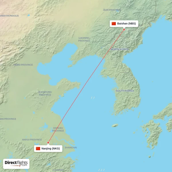 Baishan - Nanjing direct flight map