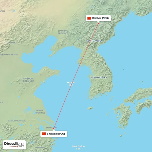 Baishan - Shanghai direct flight map