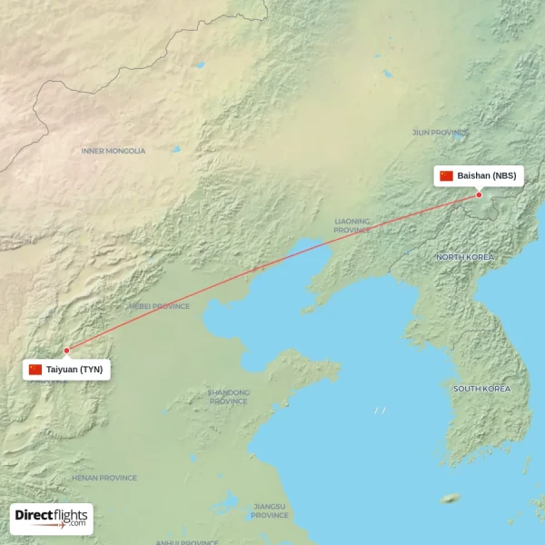 Baishan - Taiyuan direct flight map