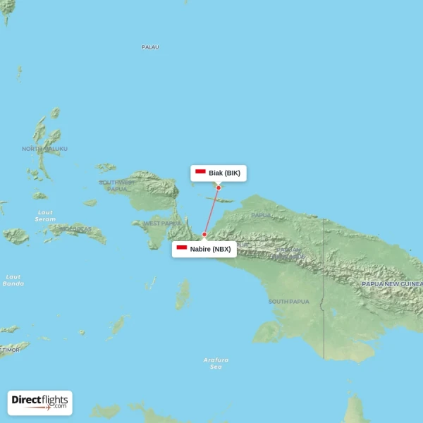 Nabire - Biak direct flight map
