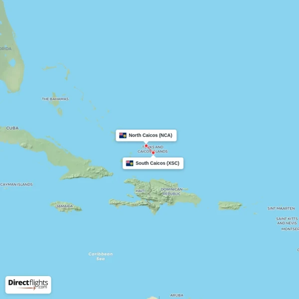 North Caicos - South Caicos direct flight map