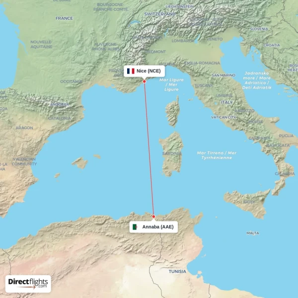 Nice - Annaba direct flight map