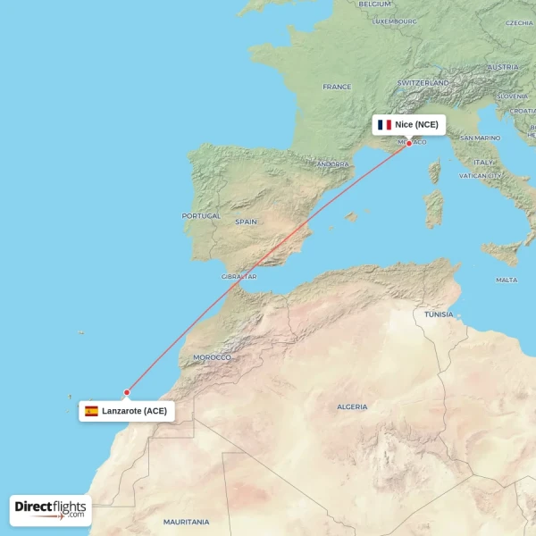 Nice - Lanzarote direct flight map