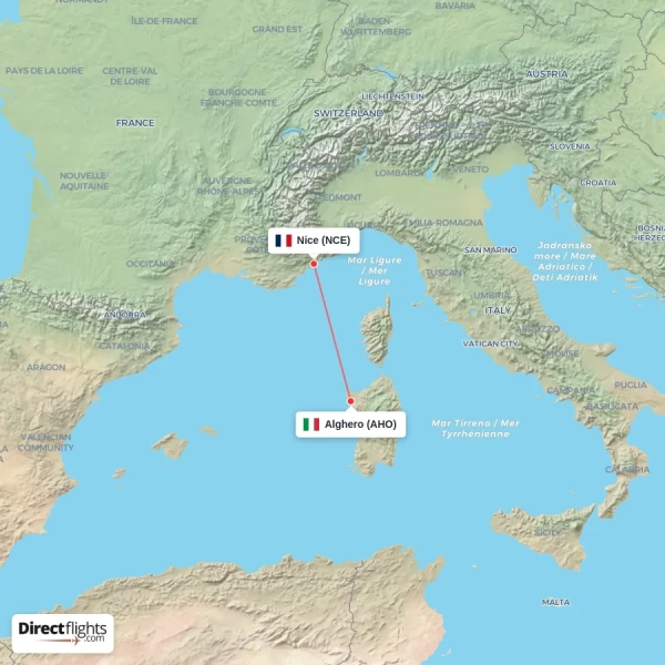 Nice - Alghero direct flight map