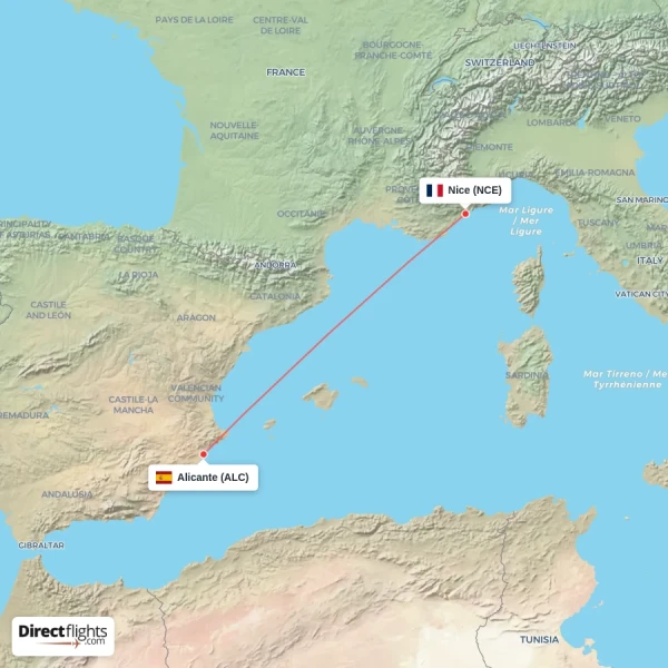 Nice - Alicante direct flight map
