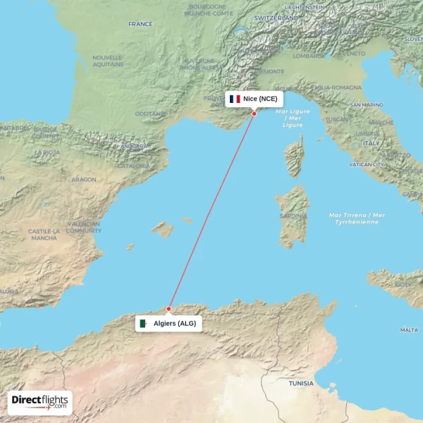 Nice - Algiers direct flight map