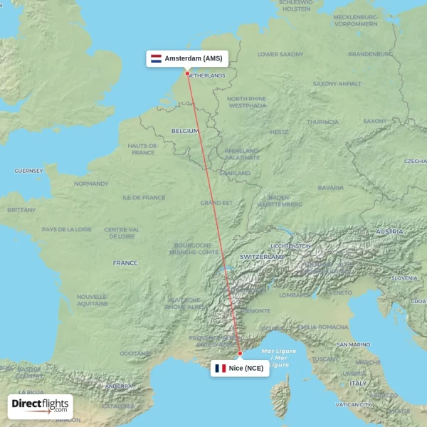 Nice - Amsterdam direct flight map