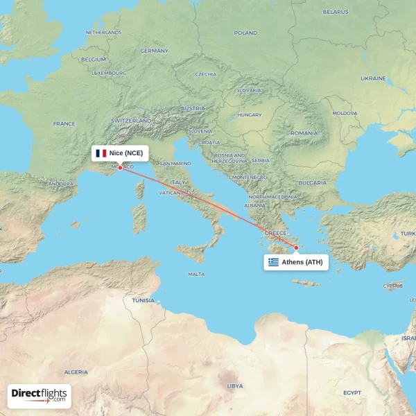 Nice - Athens direct flight map