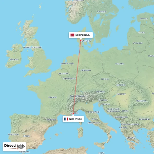 Nice - Billund direct flight map