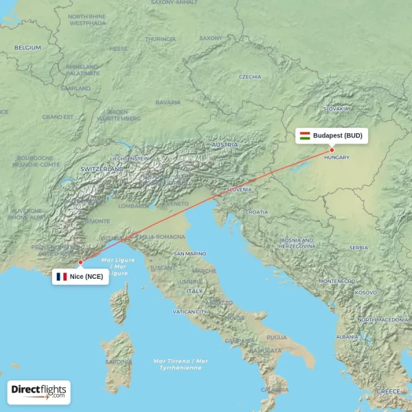 Nice - Budapest direct flight map