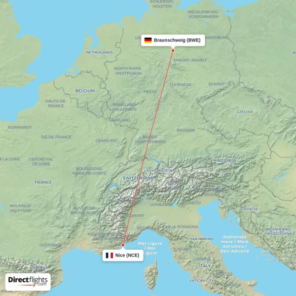 Nice - Braunschweig direct flight map