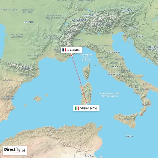 Nice - Cagliari direct flight map
