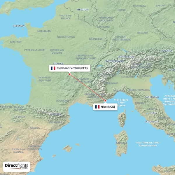 Nice - Clermont-Ferrand direct flight map